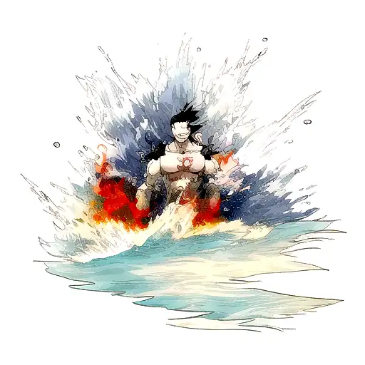 A Tattoo Depicting A Powerful Anime Character Controlling The Elements Of Sea And Fire