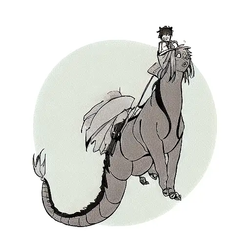 A Dotwork Tattoo Of Chihiro And Haku From Spirited Away Flying On The Back Of A Giant Dragon