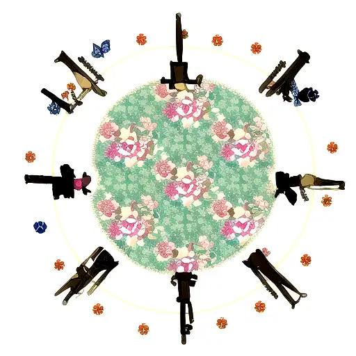 A Collection Of Weapons From Different Anime Series Arranged In A Floral Pattern