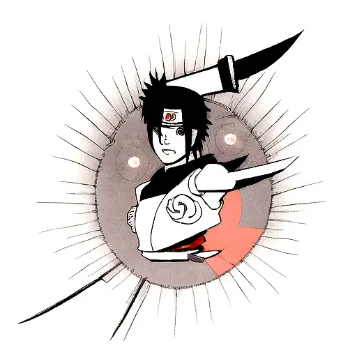 A Kunai Knife With One Half Of Naruto Face And Eyes And The Other Half With Sasuke Face And Eyes