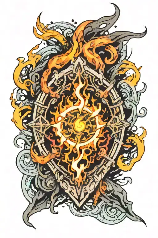Mulricolor Artifact Tattoo With Fire Around It And Dark Bacground