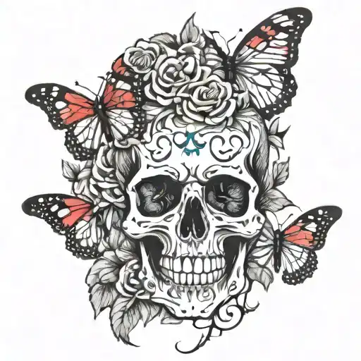 Skull With Red Roses And Small Butterflies Witht He Quote I Am Free