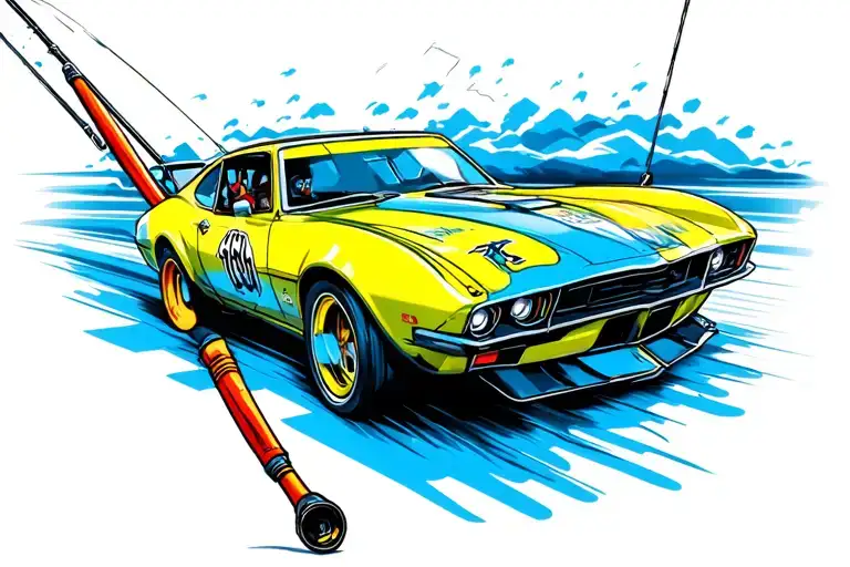 Fishing Pole And A Race Car Speeding Past