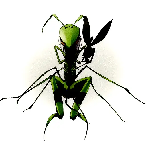 Green Mantis Holding A Black Moth