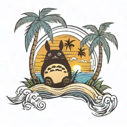 Totoro Beach Sunset Palm Trees And Waves