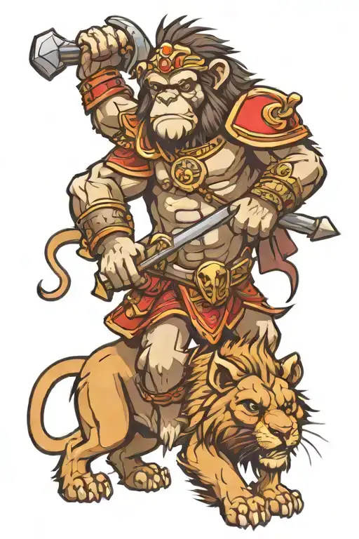 Armored Monkey With Battle Ax Riding A Lion