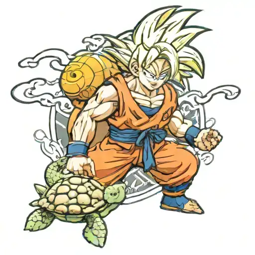 Goku With The Four Star Ball In His Hand And The Kanji Of The Turtle House