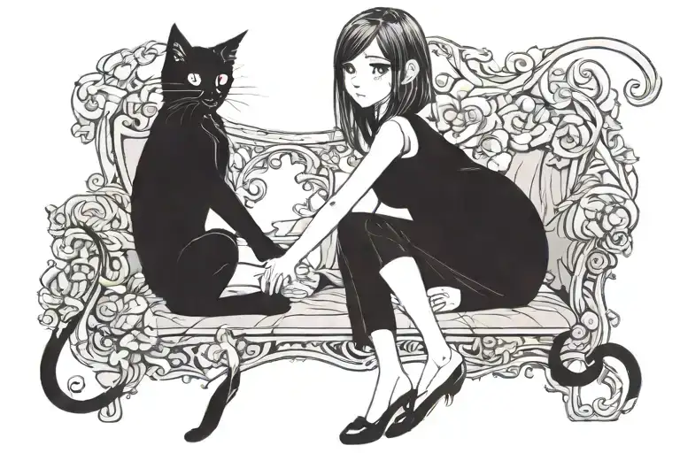 A Woman Sitting With The Black Cat Sitting