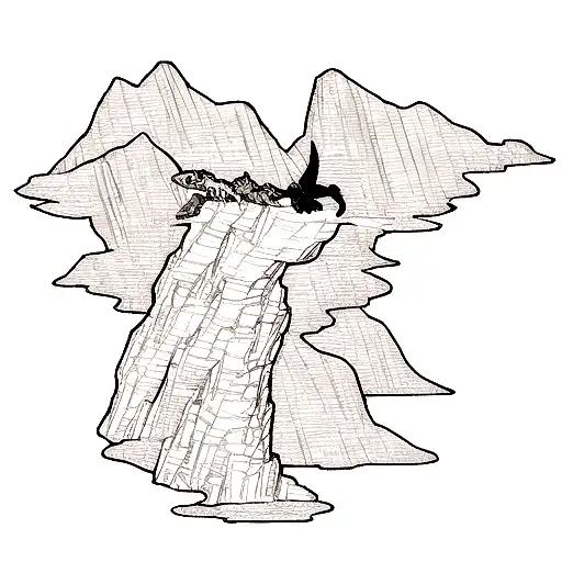 A Dragon Soaring Over A Mountain Peak In A Blackwork Style
