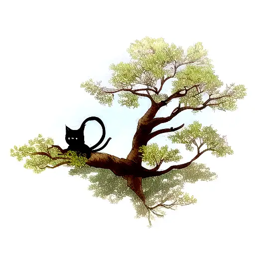 A Cat Sitting On A Tree And Meditate Branch Overlooking A Peaceful Lake