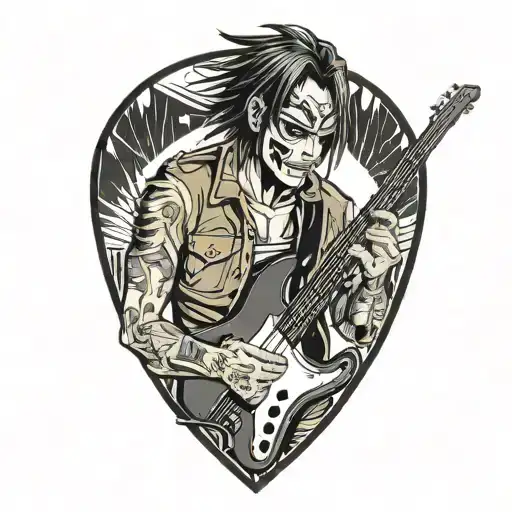 Man With A Guitar Pick For A Face Playing A Bass