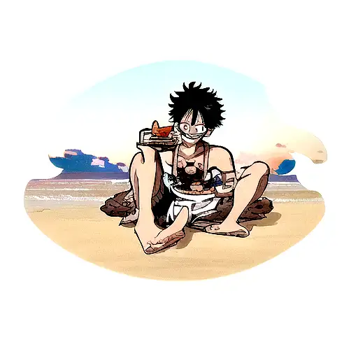 A Blackwork Tattoo Of Luffy From One Piece Enjoying A Slice Of Cake On A Tropical Beach At Sunset