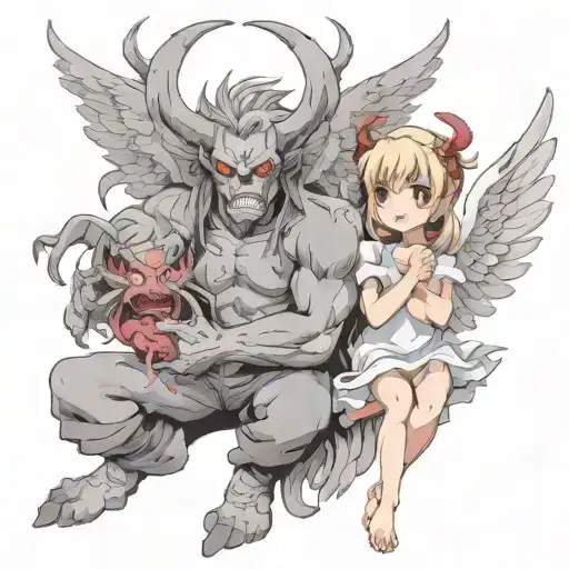 Gloomy Gray Guy Demon And Little Cheerful Girl Angel