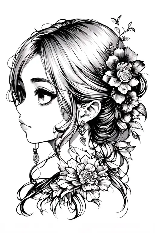 Black Anime Girl Side Profile Traditional Lady Head