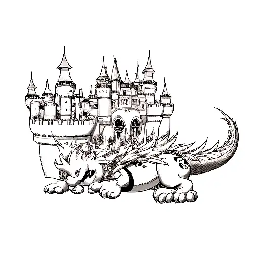 Dragon With White Pigoen Around A Castle