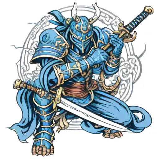 A Blue Armored Samurai Warrior Kneeling Holding Onto A Sword With Both Hands