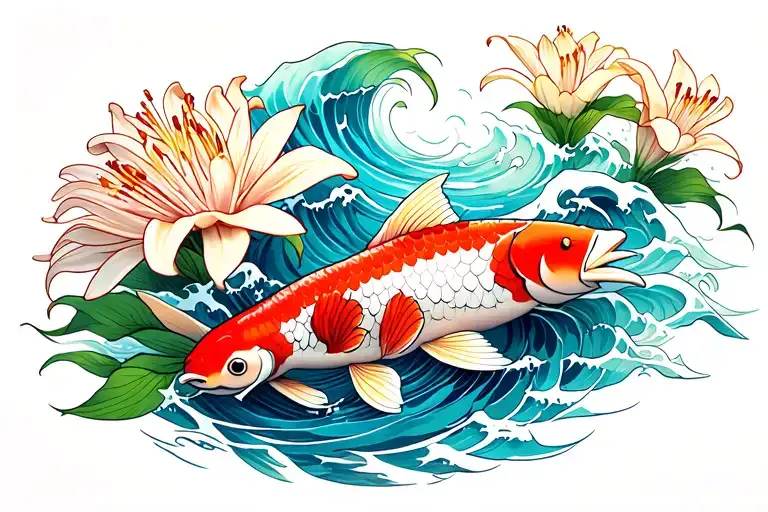 Koi Fish Waves And Spider Lily Flowers