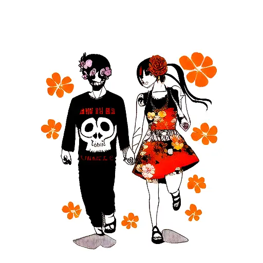 Walk In Tattoo Skull And A Flower Orange And Black