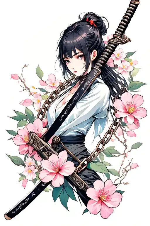 Katana In Chains With Sakura Flowers On The Chains