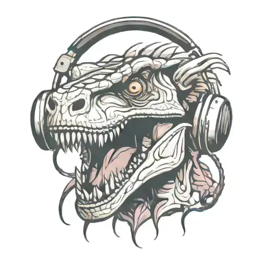 Angry Raptor Dinosaur Head Mouth Wide Open Showing Teeth Wearing Dj Headphones