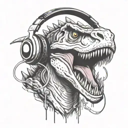 Angry Raptor Dinosaur Head Mouth Wide Open Showing Teeth Wearing Dj Headphones