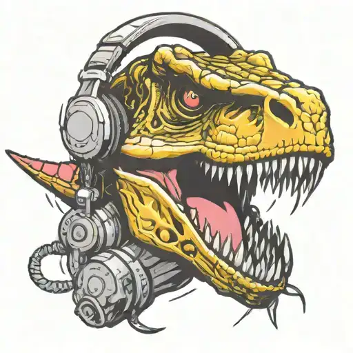 Raptor Dinosaur Head Mouth Open Showing Teeth Wearing Headphones Graffiti Style