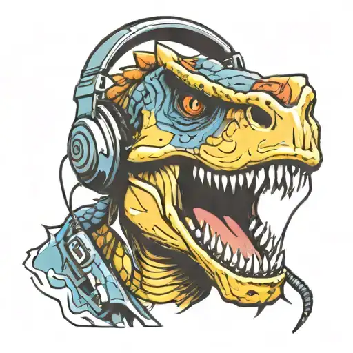 Raptor Dinosaur Head Mouth Open Showing Teeth Wearing Headphones Graffiti Style