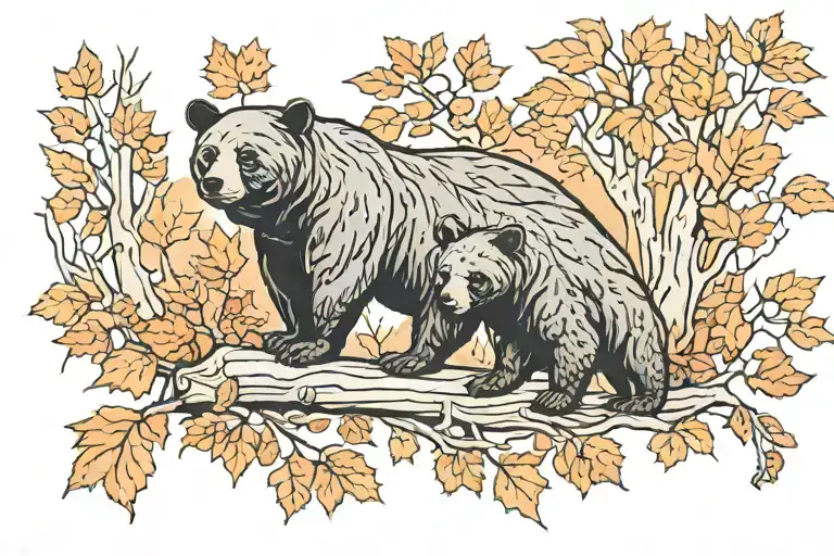 Momma & Cubs Black Bears In Woods During Fall Colored Leaves