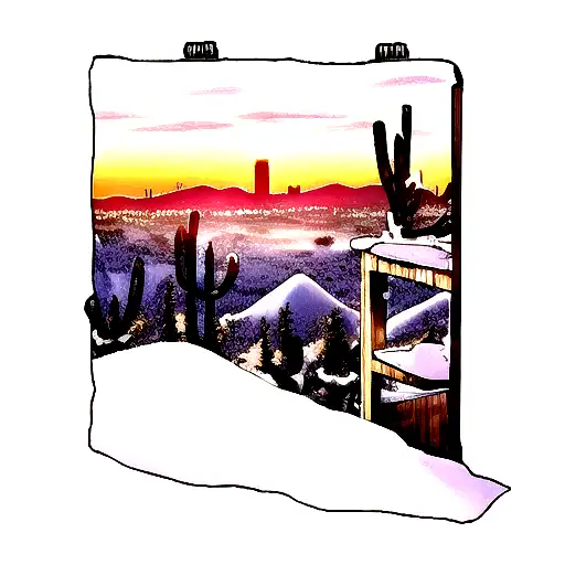 Arizona State Outline With Snow Covered Mountains And A Colorful Sunset Inside