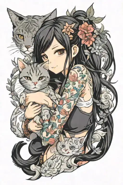 Anime Girl With Tattoo And Long Black Hair Hug A Cat