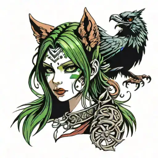 Red Wolf Female Green Eyes And A Raven Man Walking