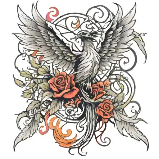 Phoenix Spread Both Wings Wide Flaming And Rose Vine