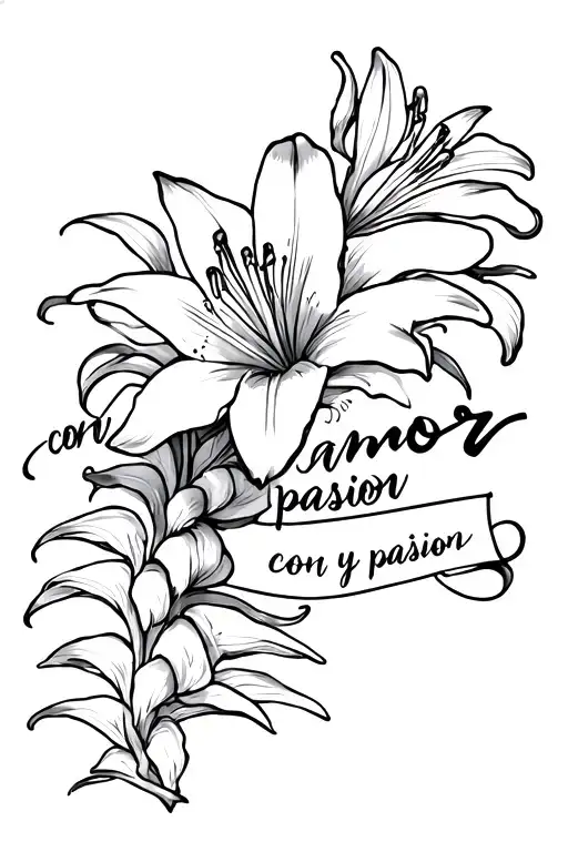 Lily Spine Tattoo With Cursive Writing Saying Con Amor Y Pasion