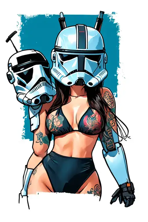 Lucy From Cyberpunk In A Bikini Holding A Clone Trooper Helmet