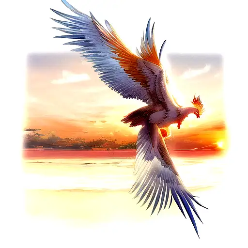 A Majestic Phoenix Soaring Over A Tropical Beach At Sunset