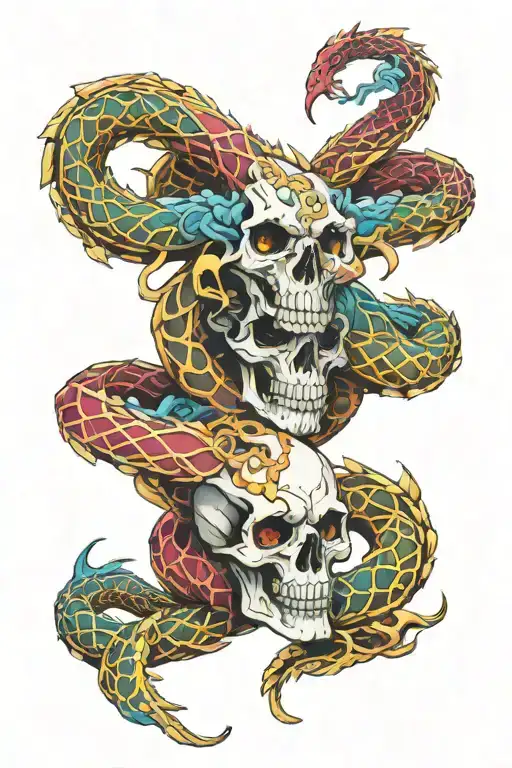 Dragon Skeleton Interrwined With Colorful Snake Intertwined