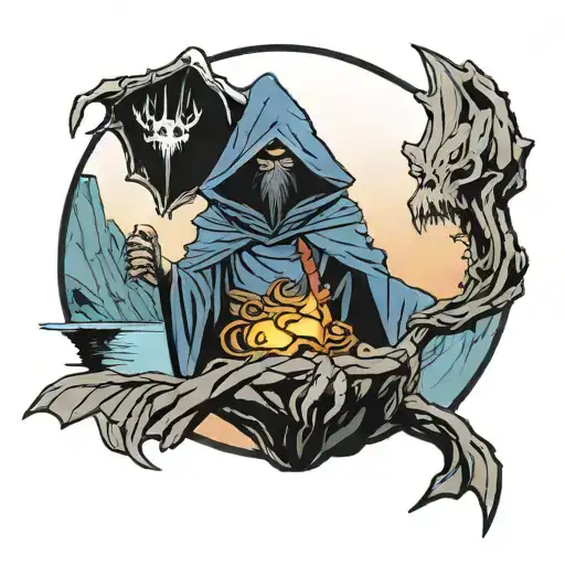 Kenku From Dungeons And Dragons With Dragon Skull On Its Head Standing On A Cliffside