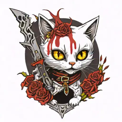 Gothic White Cat With Switchblade And Blood Dripping