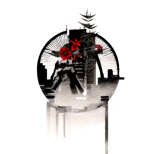 A Black-grey Tattoo Of An Anime-inspired Cyberpunk Landscape With Flower Higanbana As A Focal Point