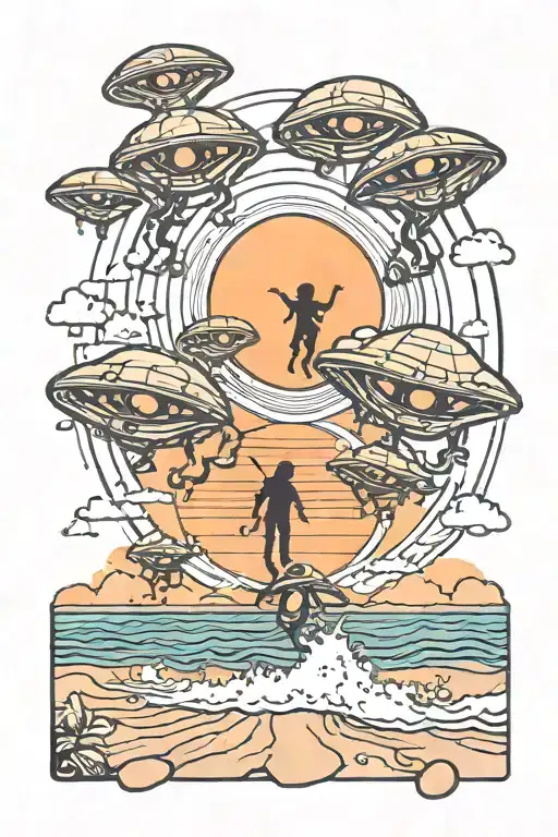 3 Aliens Landing On Beach Sunset