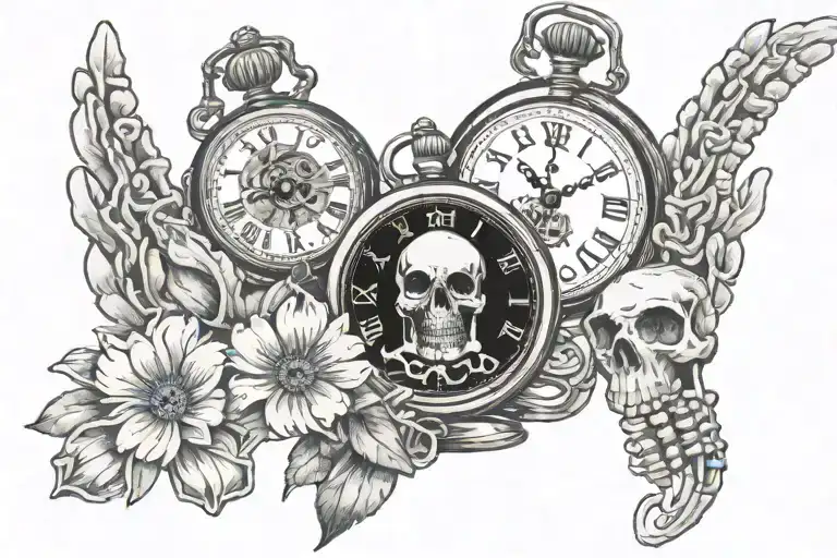Pocket Watch With Daisy And Skeleton Hand Holding