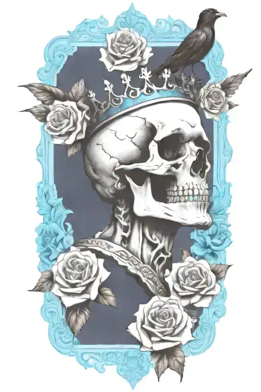 Skull Wearing Crown With Raven On Skull And Blue Roses