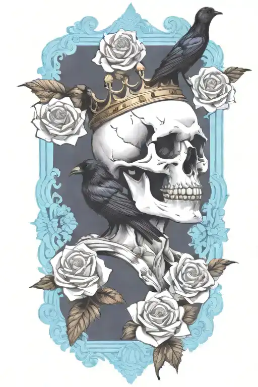 Skull Wearing Crown With Raven On Skull And Blue Roses