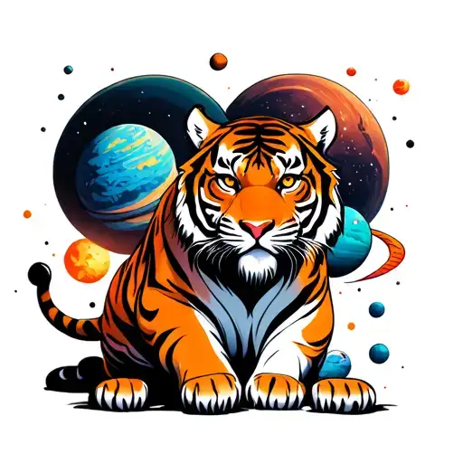 Mythological Style Tiger And Crushing Planets Under Its Hinde Legs