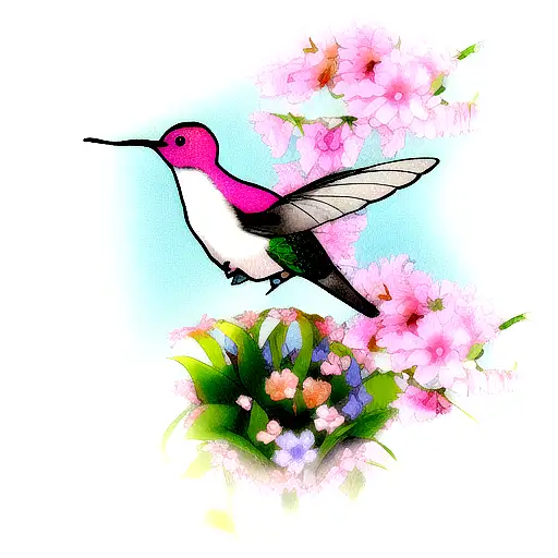 A Realistic Hummingbird Perched On A Blooming Flower