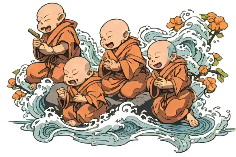 Three Baby Monks With Laugh Anger And Calm Waters
