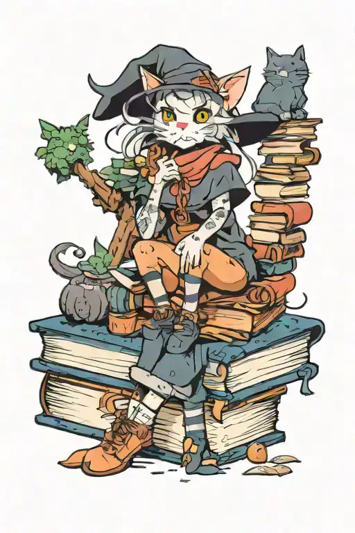 Witch Cat Sitting On A Pile Of Books