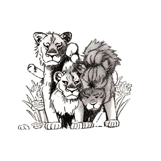 Lion And Cubs Playing In A Field Of Flowers