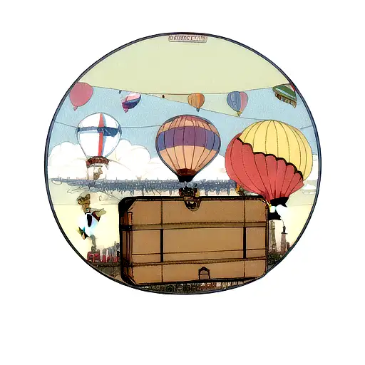 A Vintage Suitcase With Travel Stickers And A Hot Air Balloon Emerging From It