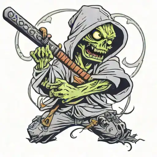 A Zombie In A Cap And Hoodie And A Katana On His Shoulder